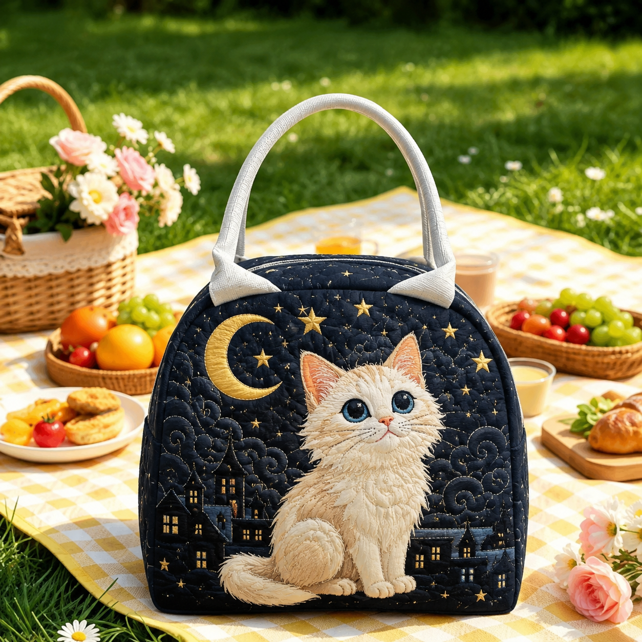Moonlit White Cat Quilted Lunch Bag