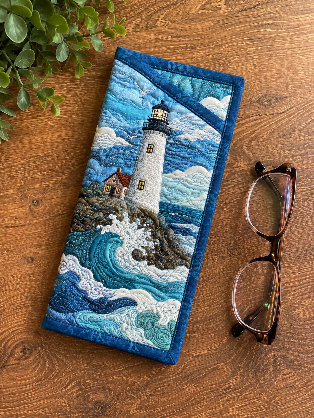 Lighthouse Coastal Wave Quilted Eyeglass Case