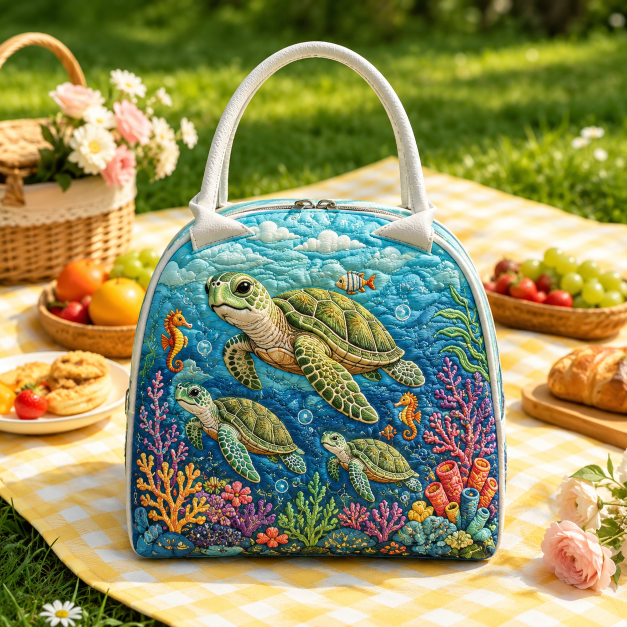 Sea Turtle Family Reef Quilted Lunch Bag