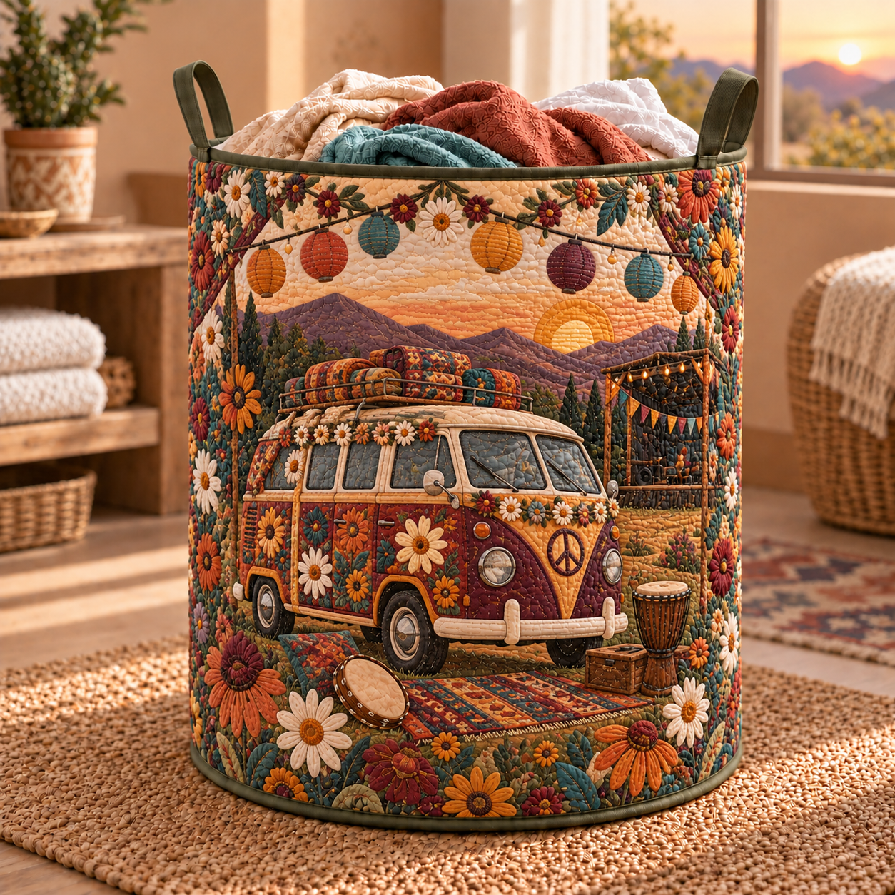 Hippie Van Festival Lights Quilted Laundry Basket