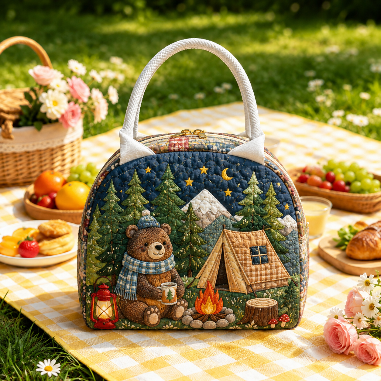 Cozy Bear Campfire Camping Quilted Lunch Bag