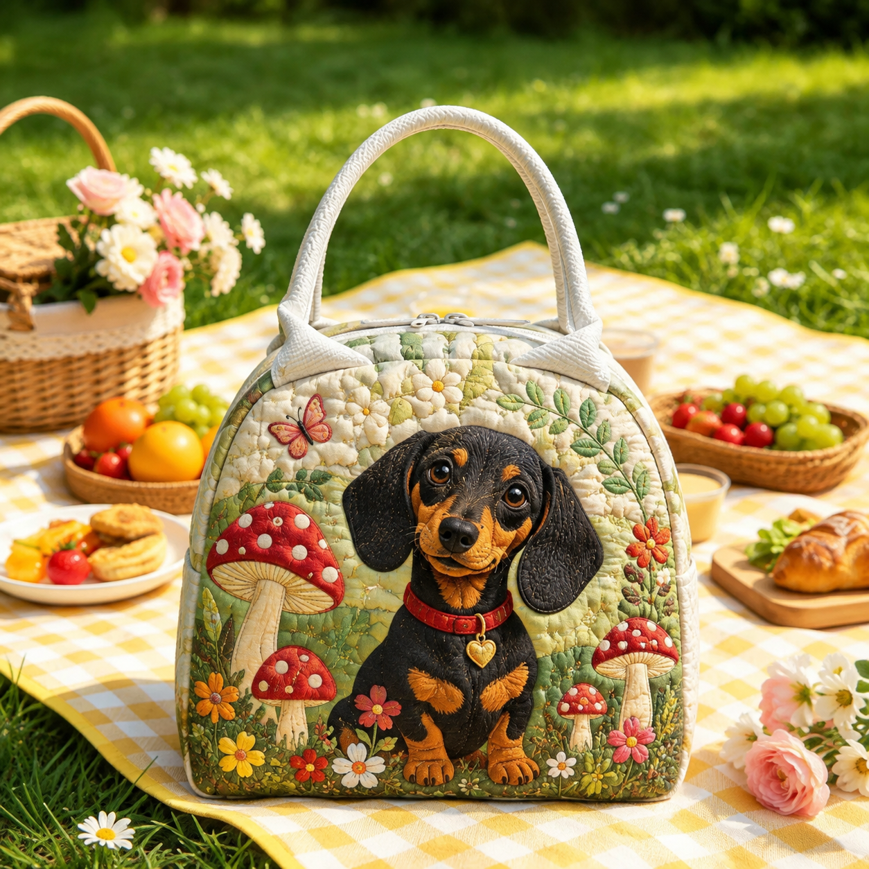 Mushroom Garden Dachshund Quilted Lunch Bag