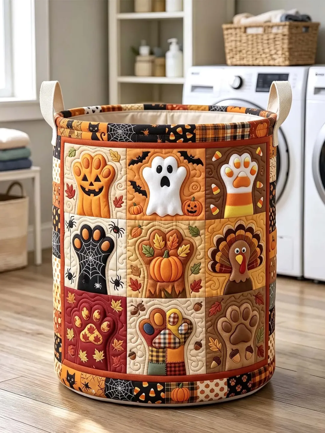 Halloween Pumpkin, Ghost & Turkey Paw Print Quilted Laundry Hamper with Handles