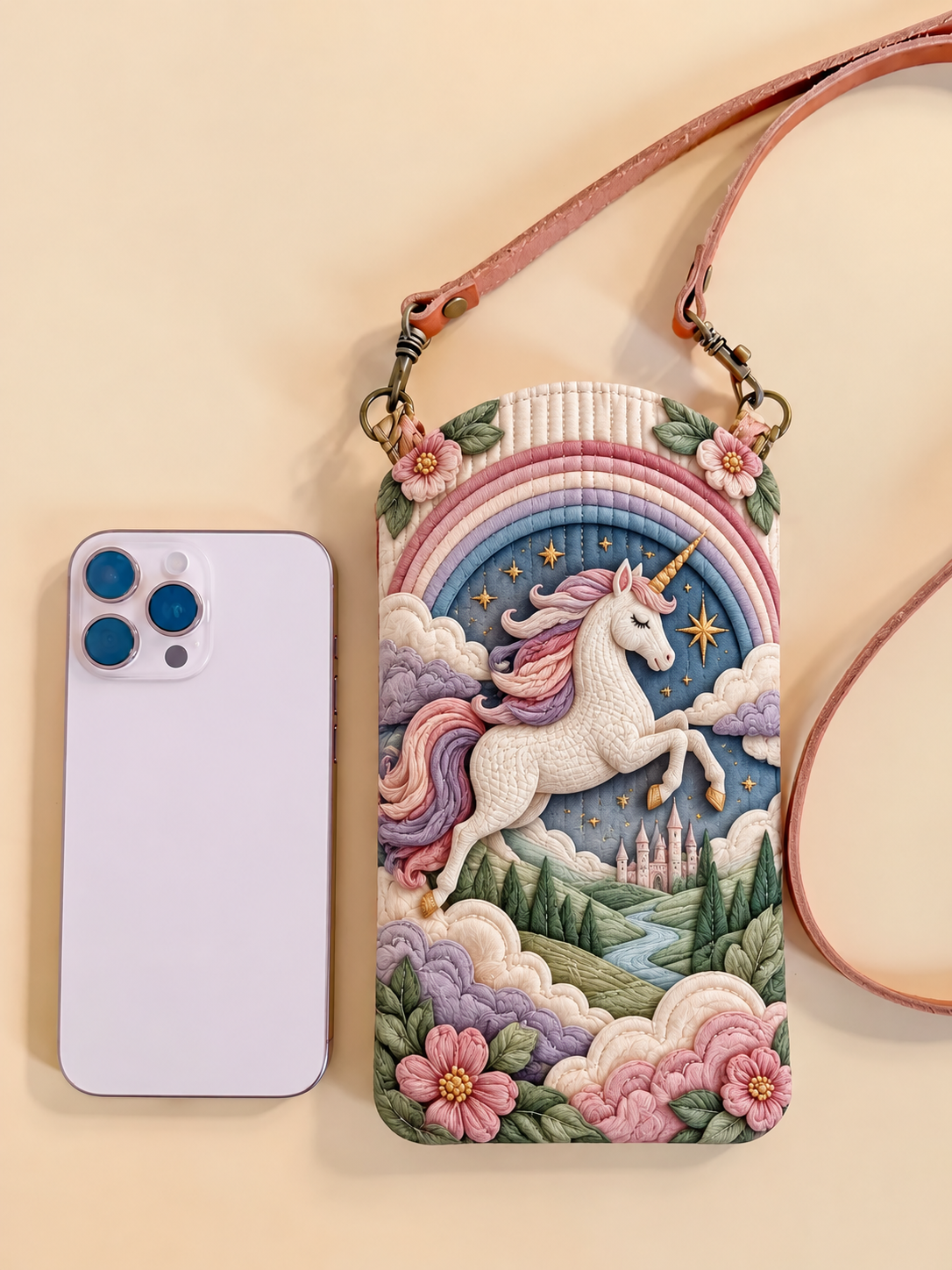 Rainbow Mountain Unicorn Quilted Slim Phone Crossbody Bag