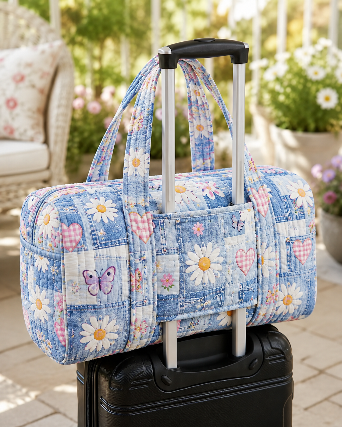 Butterfly Daisy Patchwork Quilted Weekender Bag With Trolley Sleeve