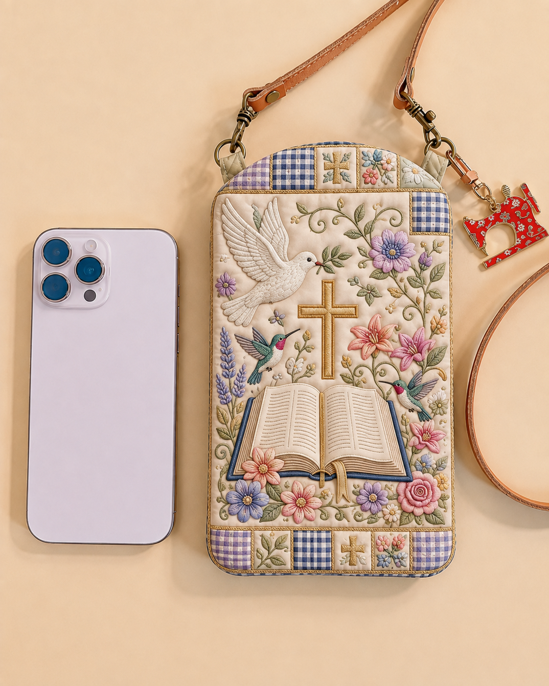 Floral Bible & Cross Quilted Slim Phone Crossbody Bag