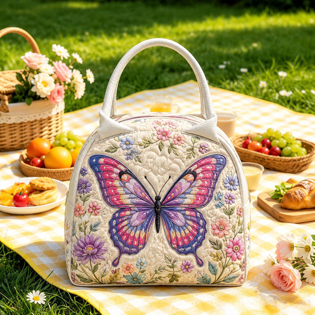Pink Petal Butterfly Quilted Lunch Bag