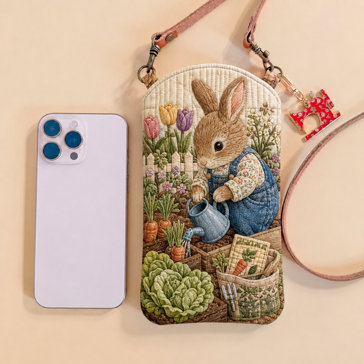 Watering Bunny Garden Quilted Slim Phone Crossbody Bag