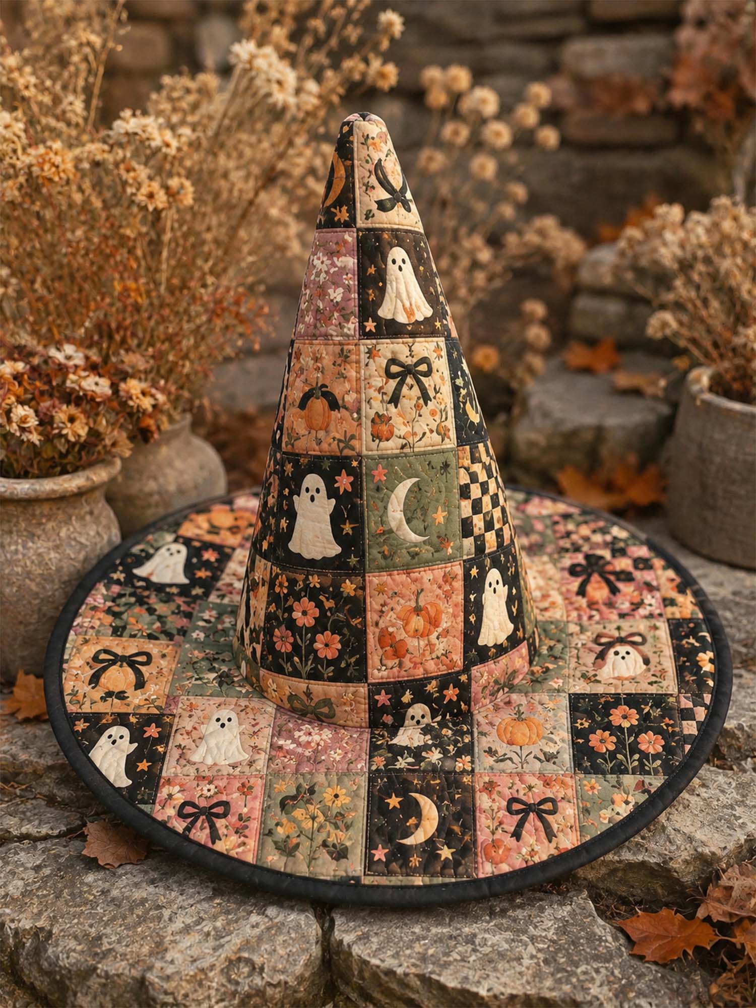 Ghost Pumpkin Patchwork Quilted Witch Hat