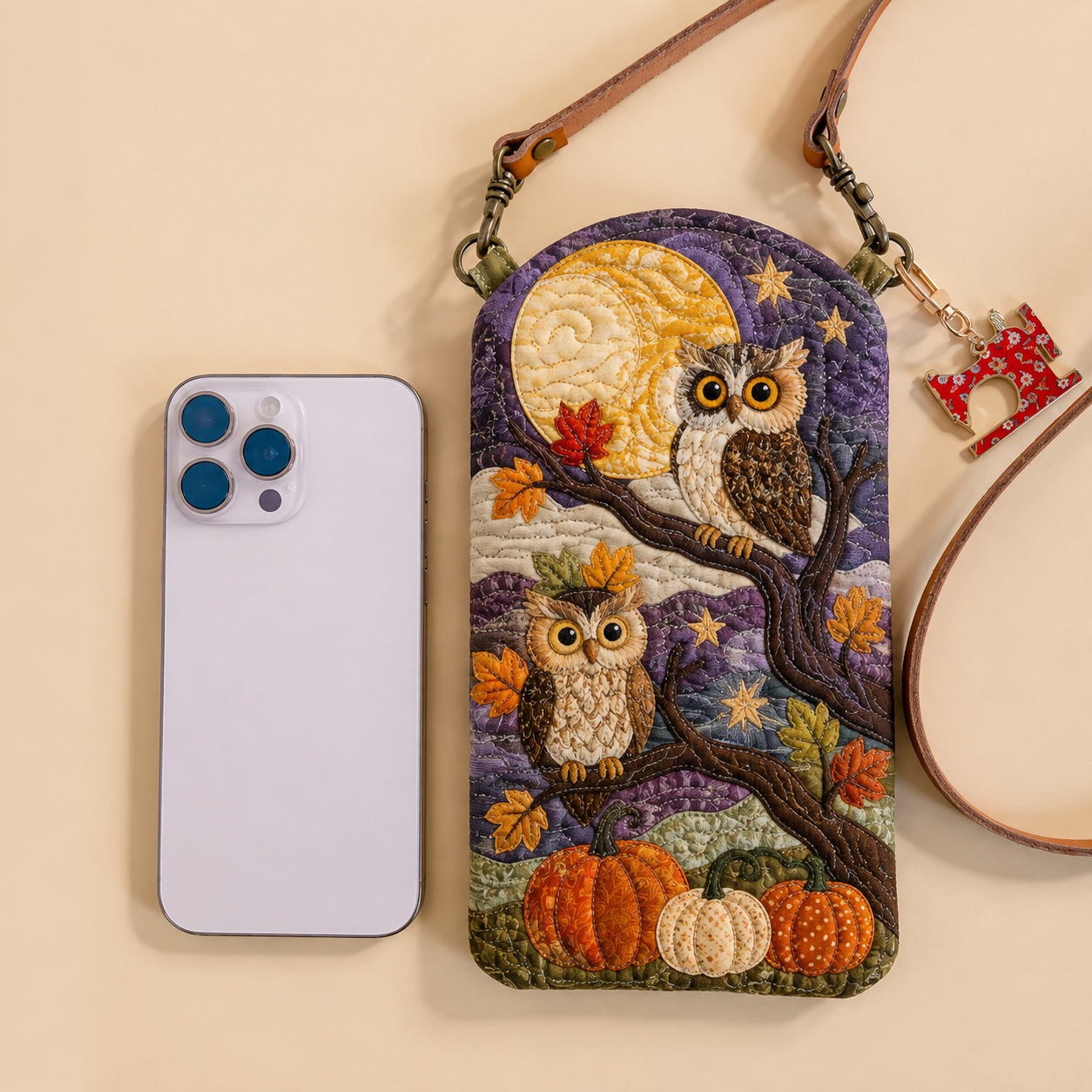 Moonlit Owl Pumpkin Grove Quilted Slim Phone Crossbody Bag