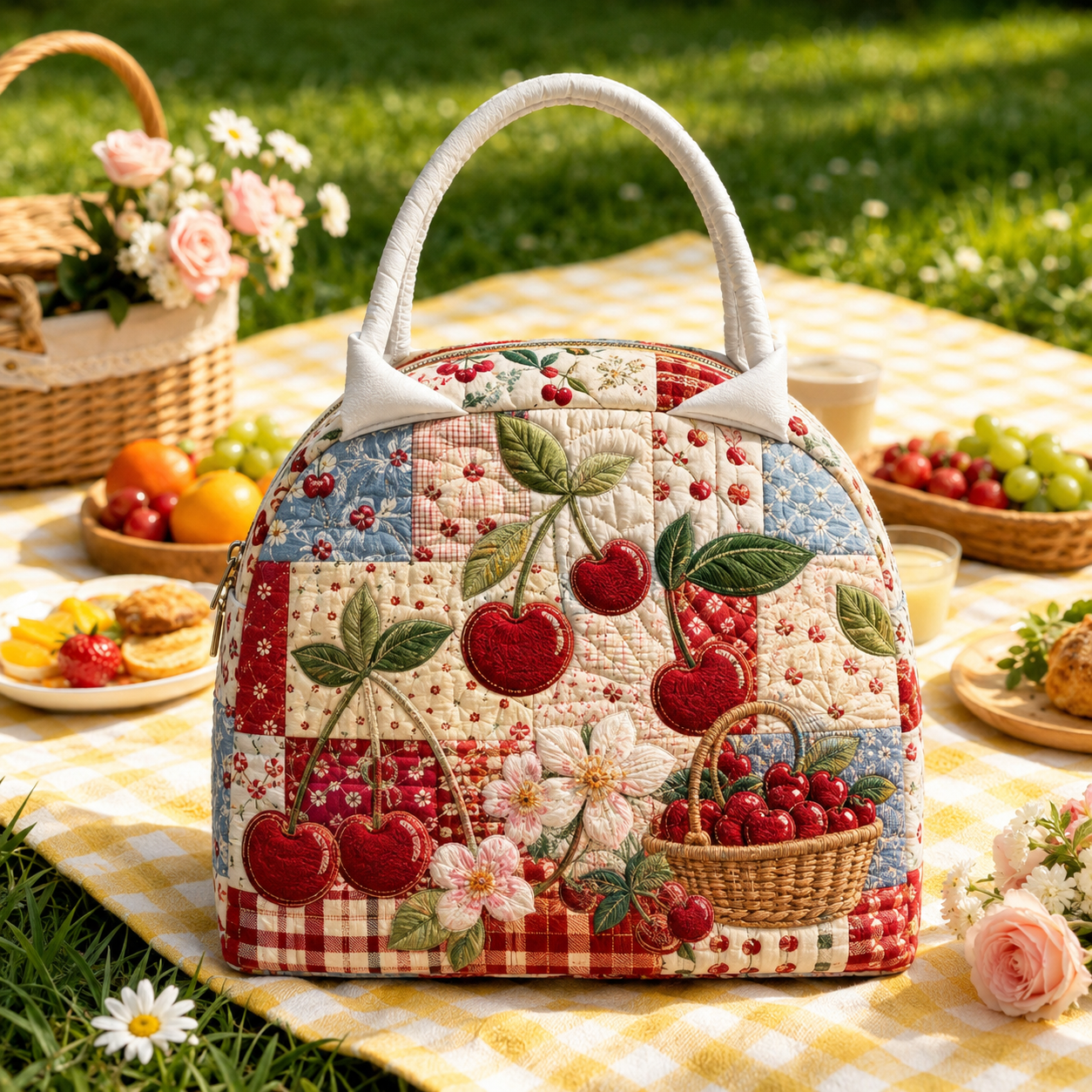 Cherry Patchwork Quilted Lunch Bag