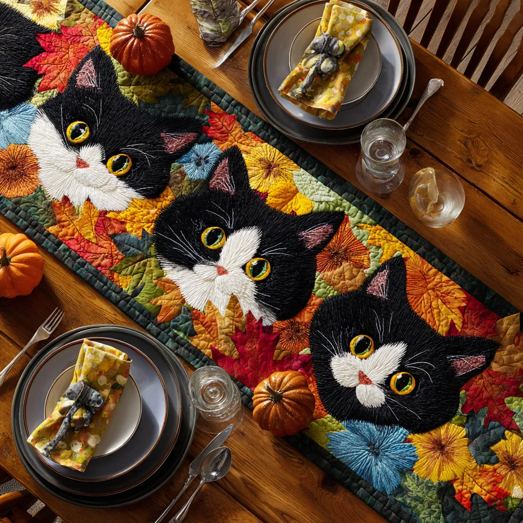 Autumn Cat Friends Quilted Table Runner