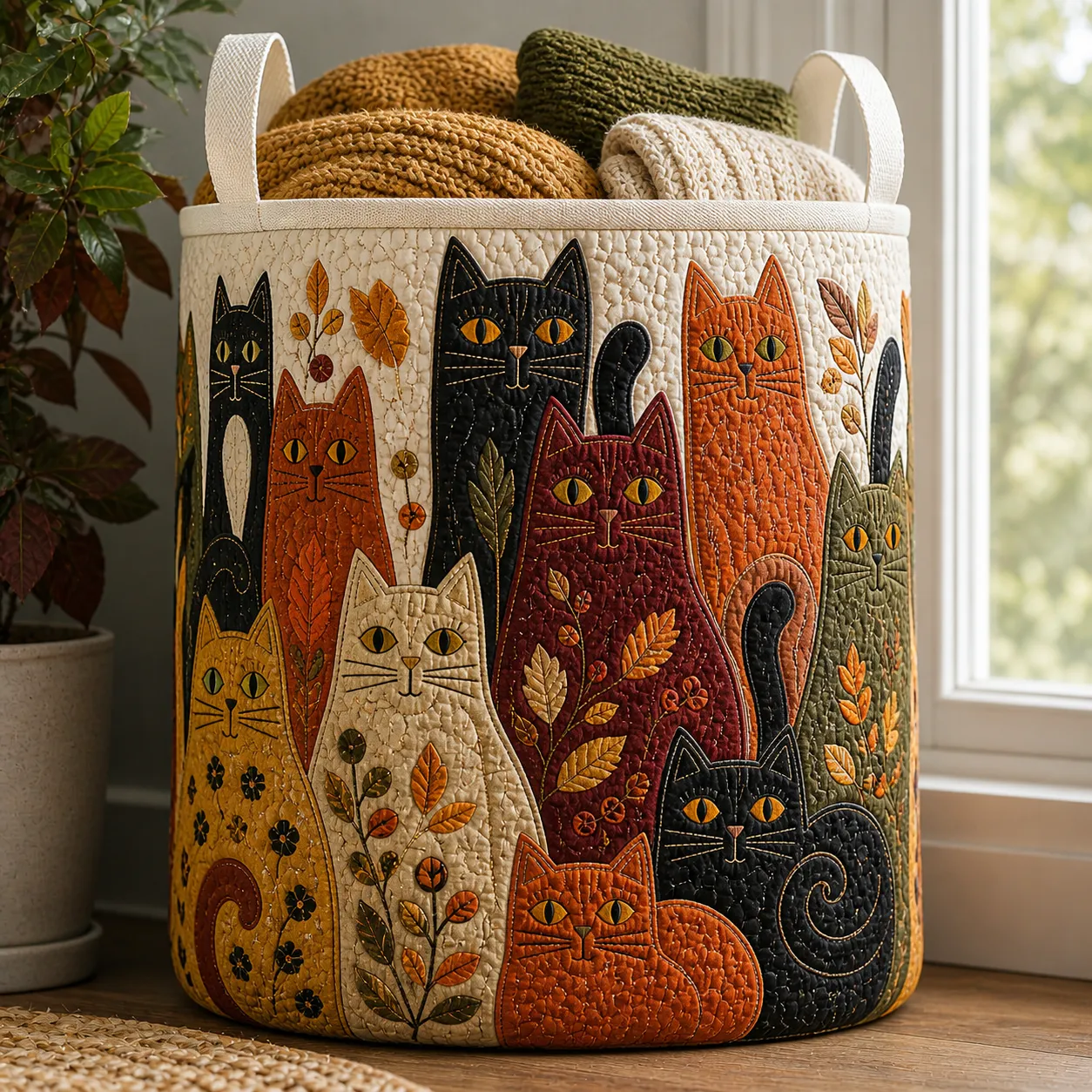 Autumn Folk Art Cats Quilted Laundry Basket