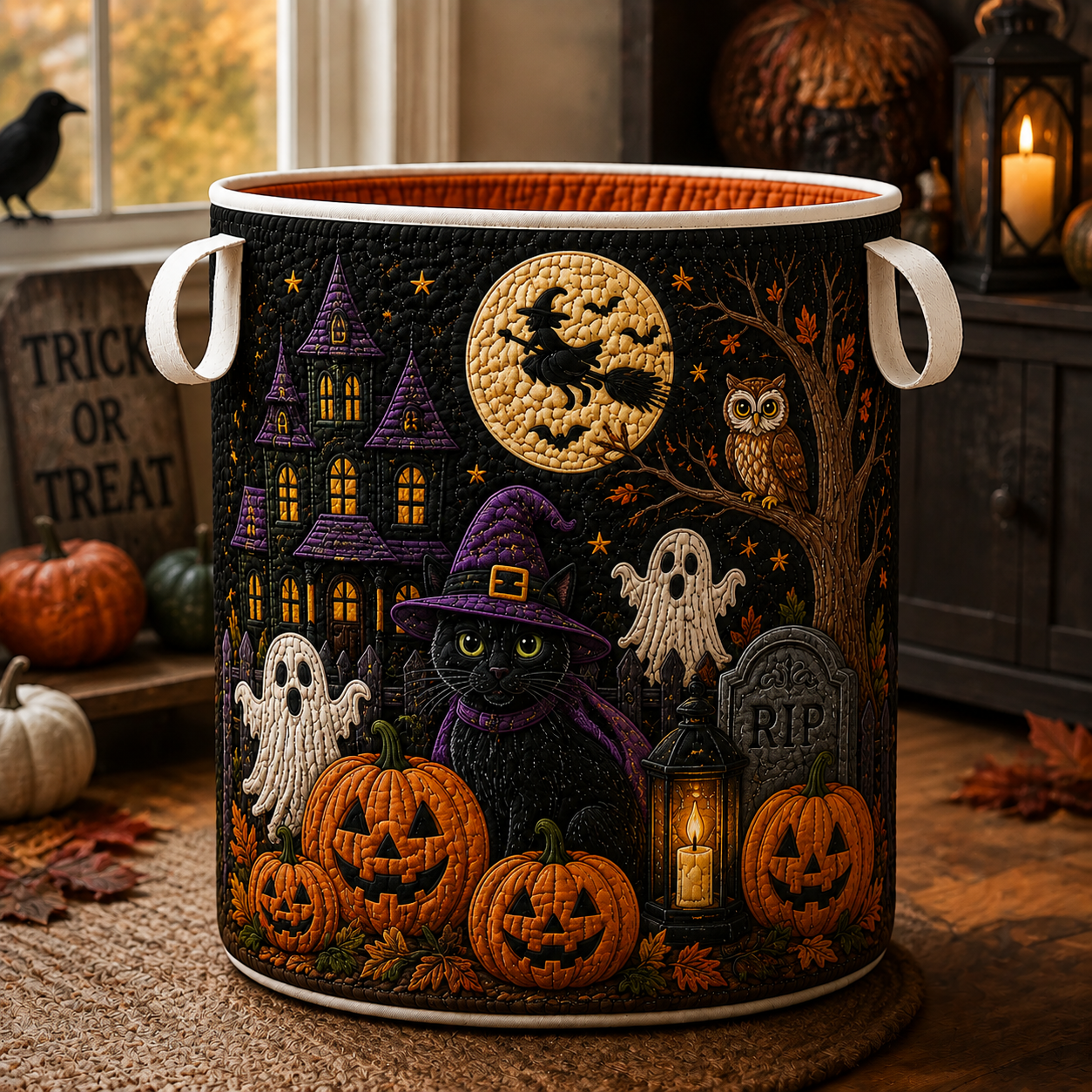 Halloween Owl Ghost Cat Quilted Laundry Basket