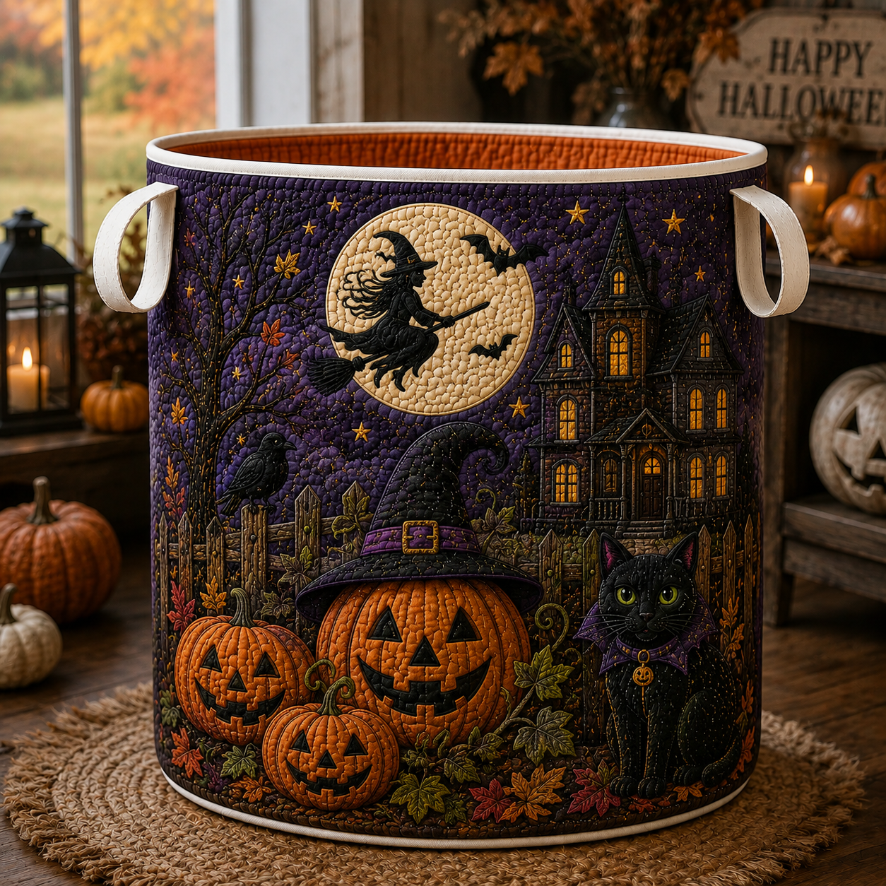 Witch Pumpkin Black Cat Quilted Laundry Basket