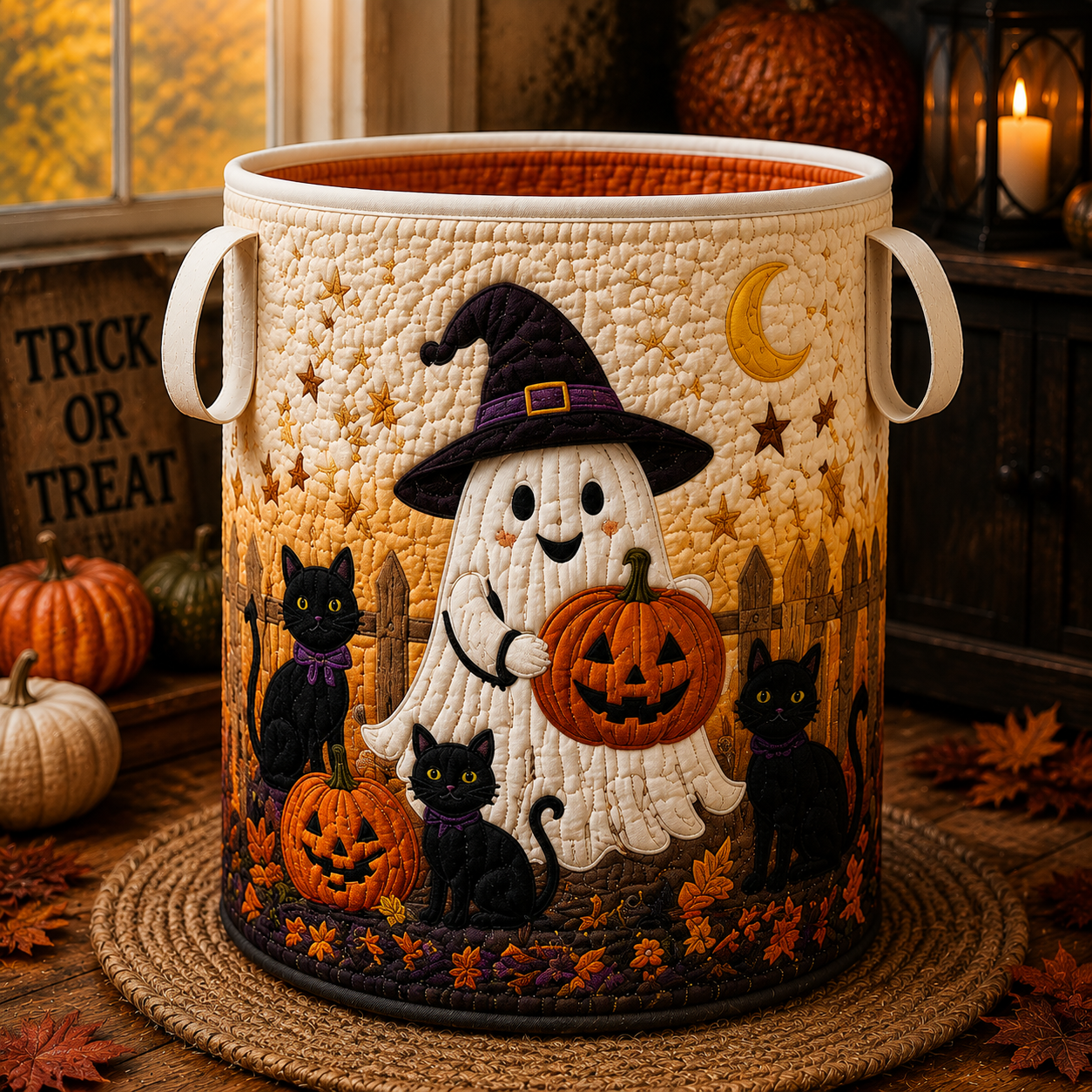 Witch Ghost Black Cat Quilted Laundry Basket