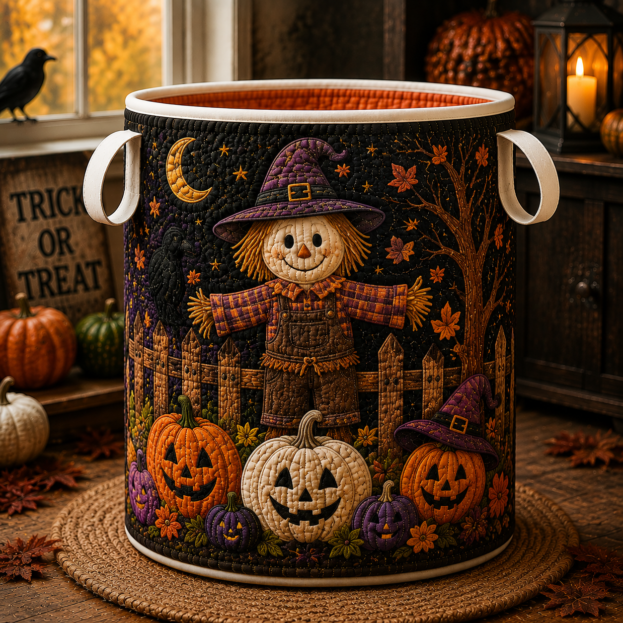 Scarecrow Pumpkin Quilted Laundry Basket