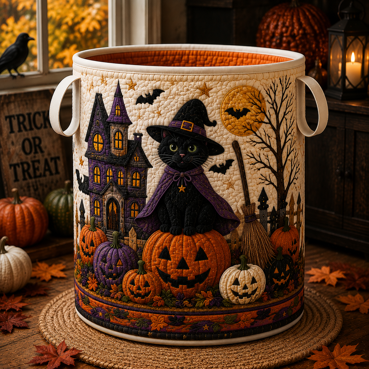 Witch Cat Haunted House Quilted Laundry Basket