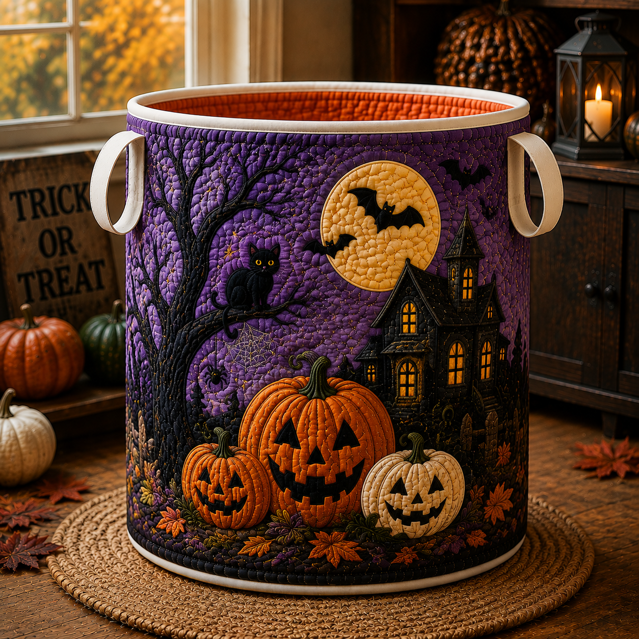 Spooky Night Black Cat Quilted Laundry Basket
