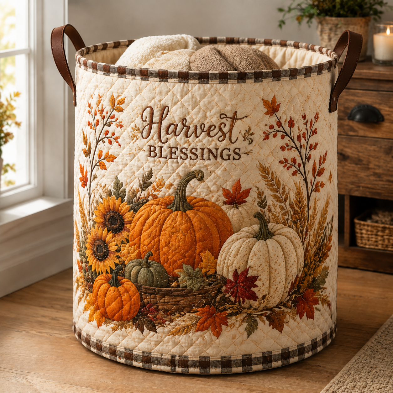 Harvest Blessing Pumpkin Quilted Laundry Basket