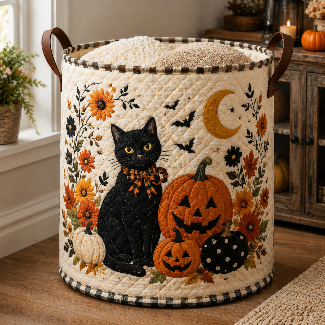 Fall Black Cat Pumpkin Quilted Laundry Basket