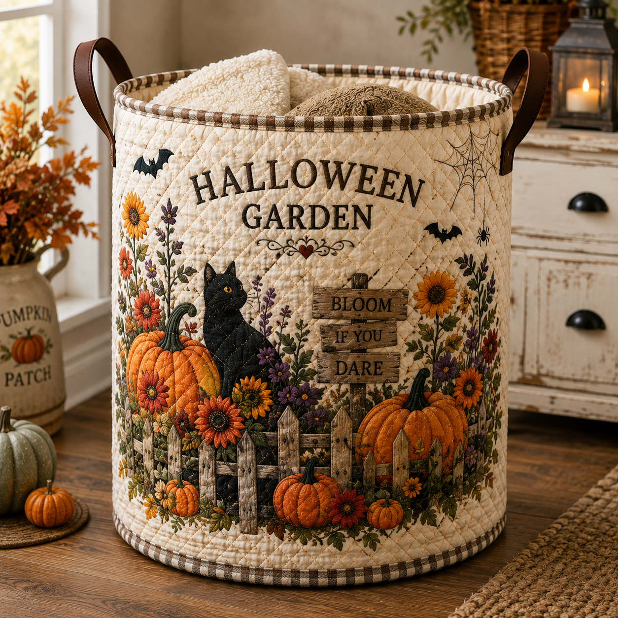 Halloween Garden Cat Quilted Laundry Basket
