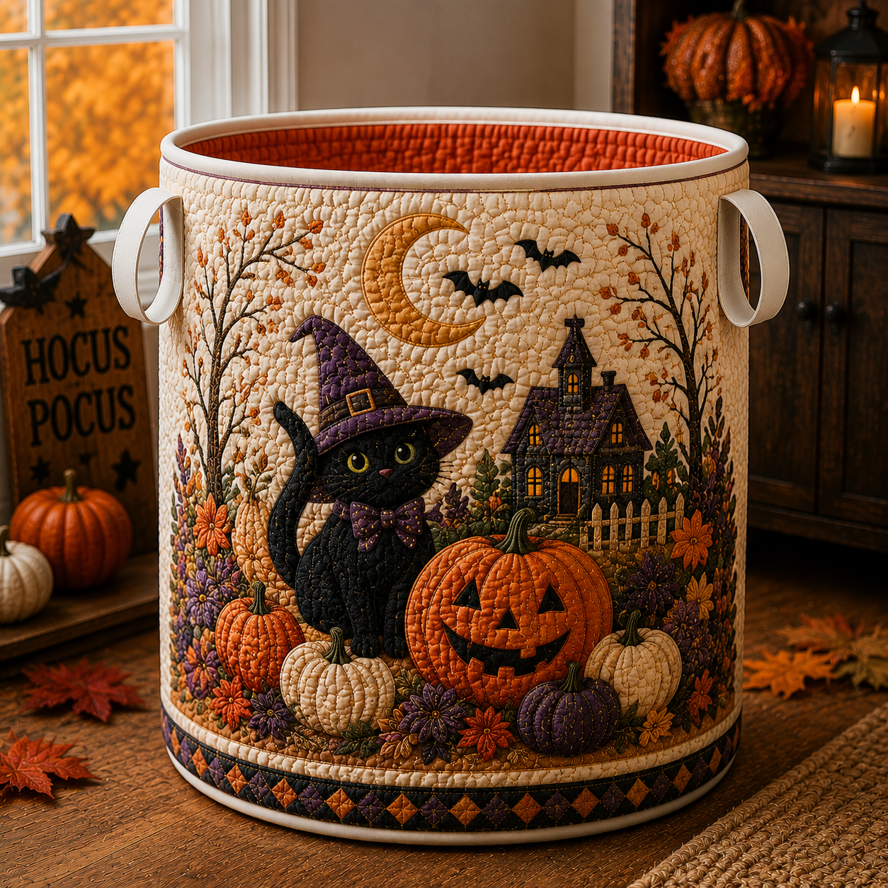 Witch Black Cat Quilted Laundry Basket