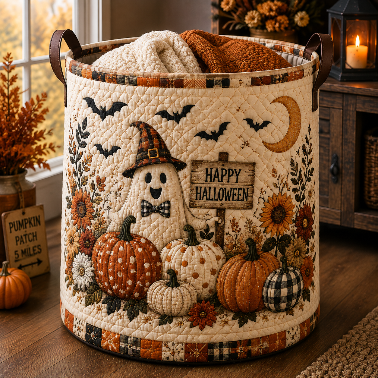 Ghost Pumpkin Patch Quilted Laundry Basket