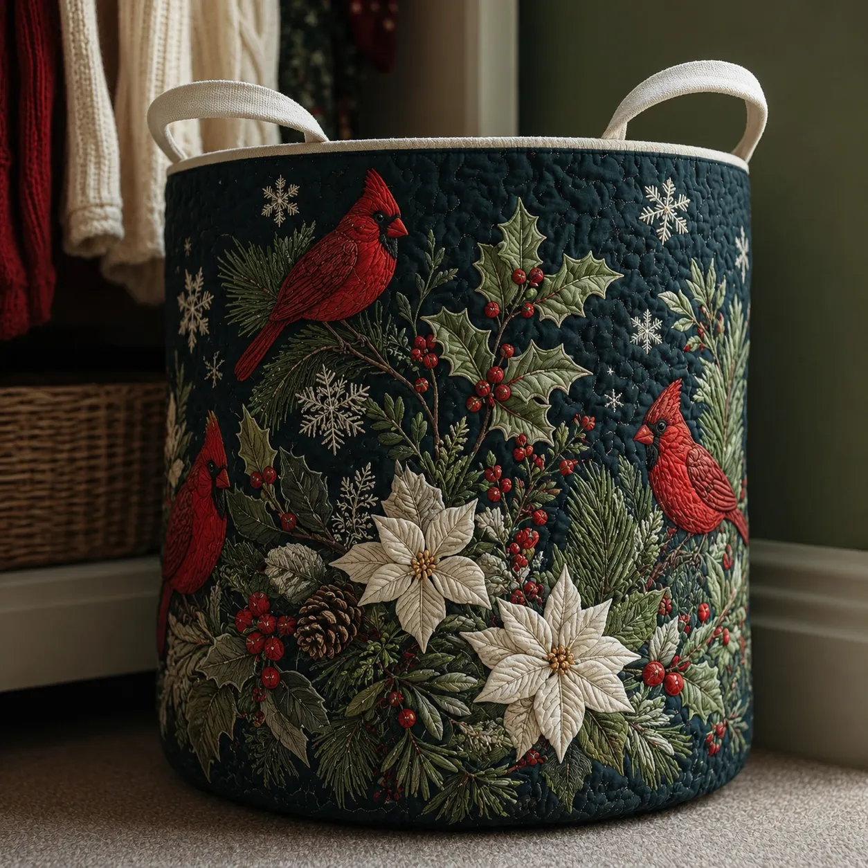 Christmas Cardinal Quilted Laundry Basket