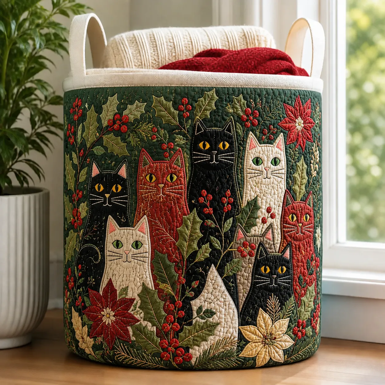 Christmas Holly Cat Quilted Laundry Basket