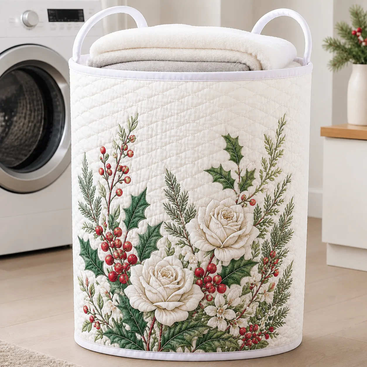 Christmas Rose Holly Quilted Laundry Basket
