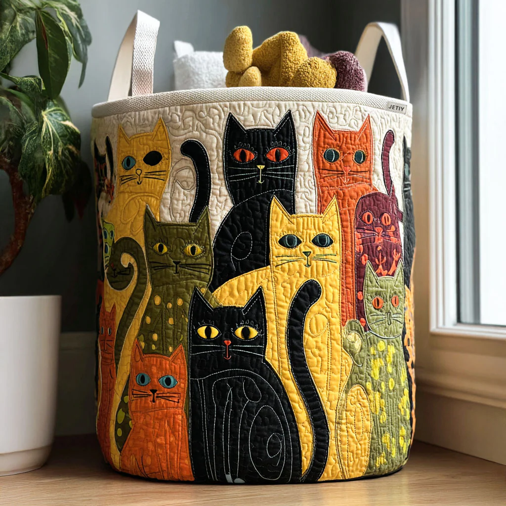 Colorful Cozy Cat Carnival Quilted Laundry Basket