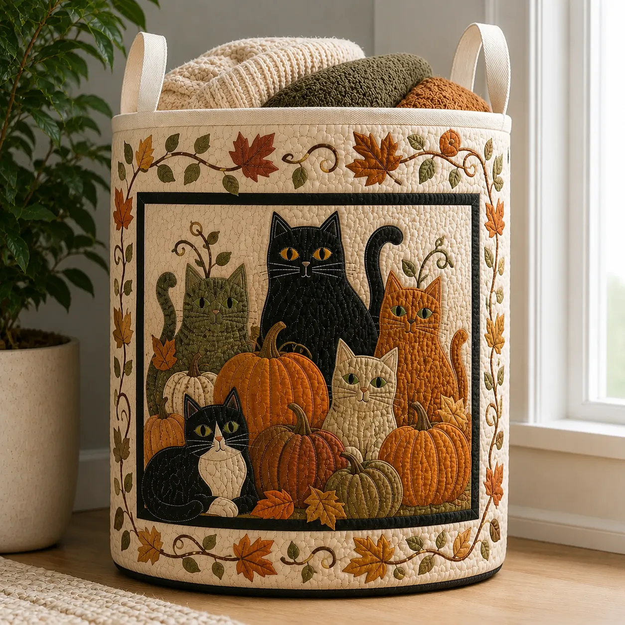 Fall Pumpkin & Cats Quilted Laundry Basket
