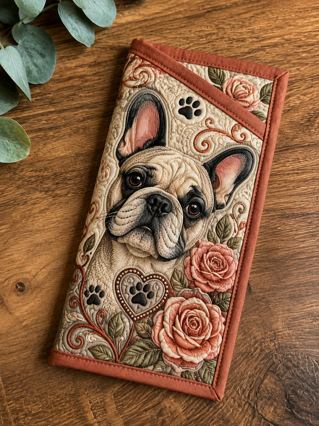 French Bulldog Rose Vintage Quilted Eyeglass Case