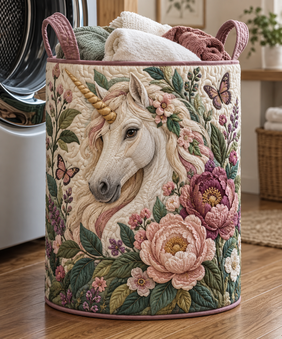 Floral Rose Unicorn Quilted Laundry Basket