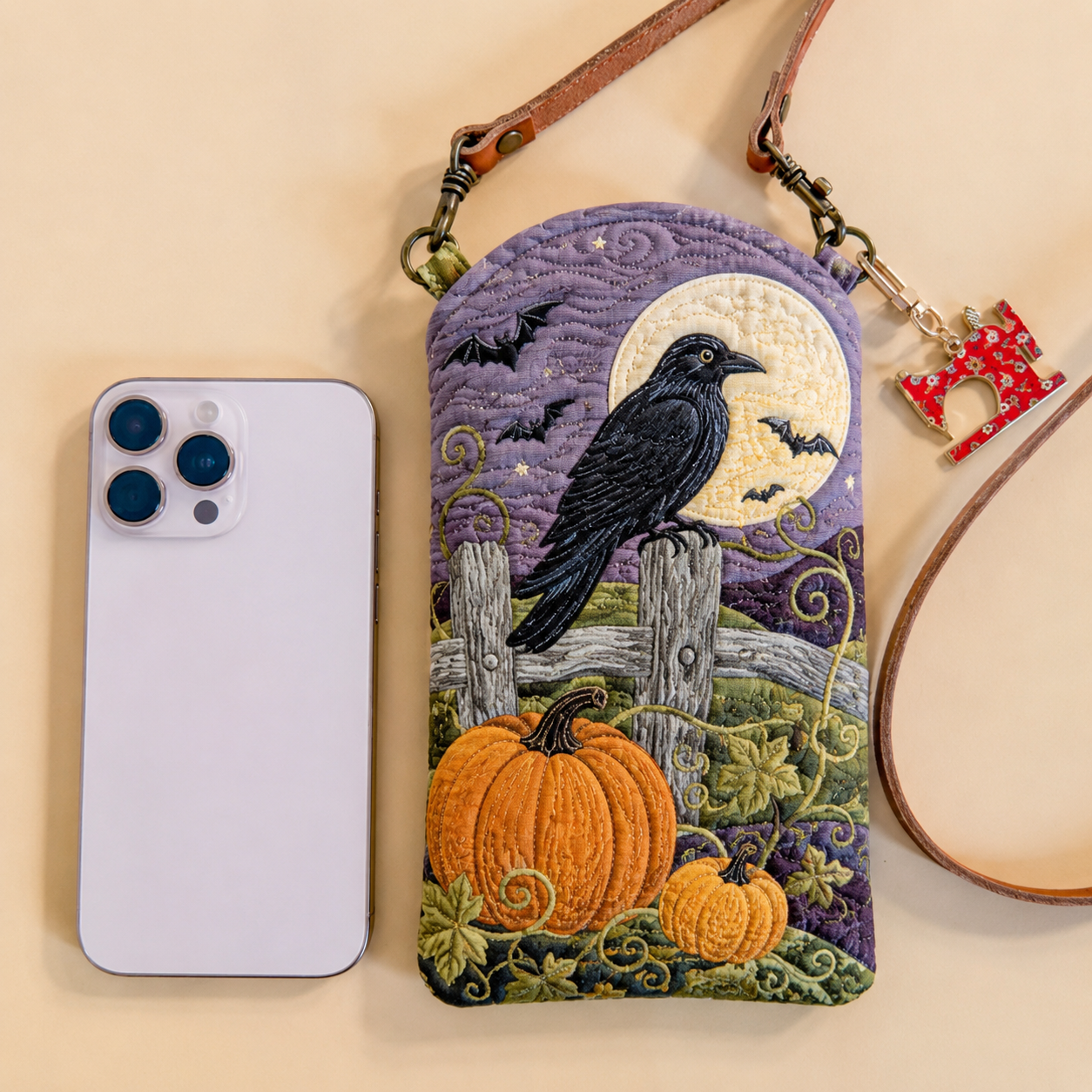 Raven Moon Pumpkin Patch Quilted Slim Phone Crossbody Bag