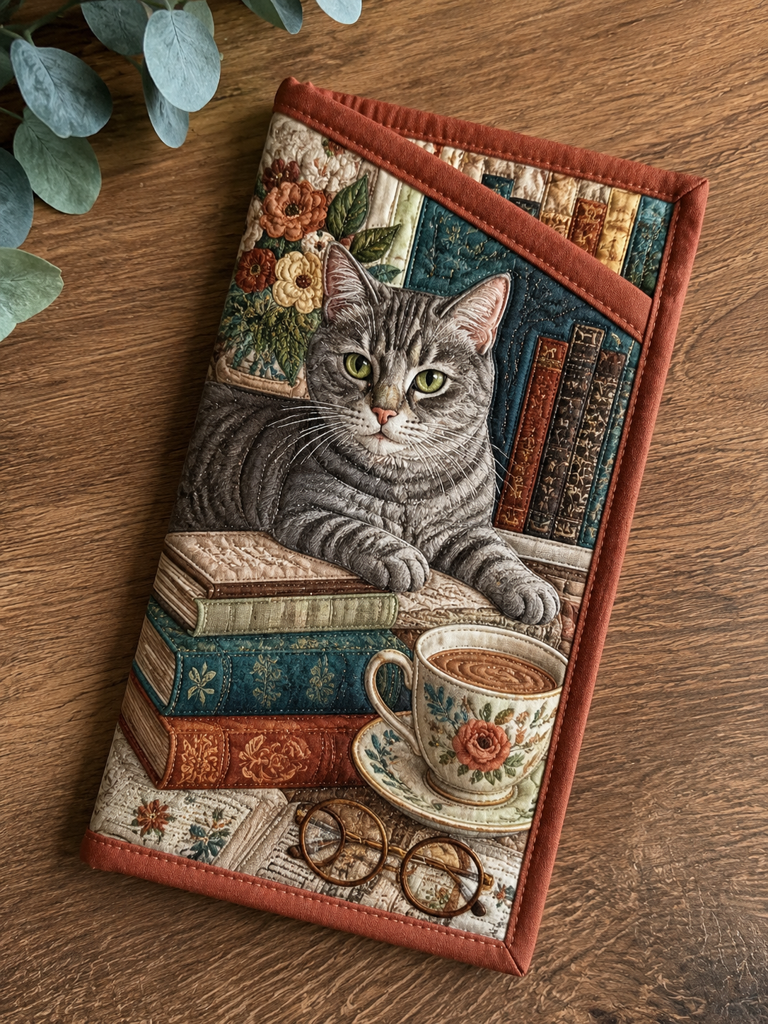 Vintage Cat Café Scene Quilted Eyeglass Case