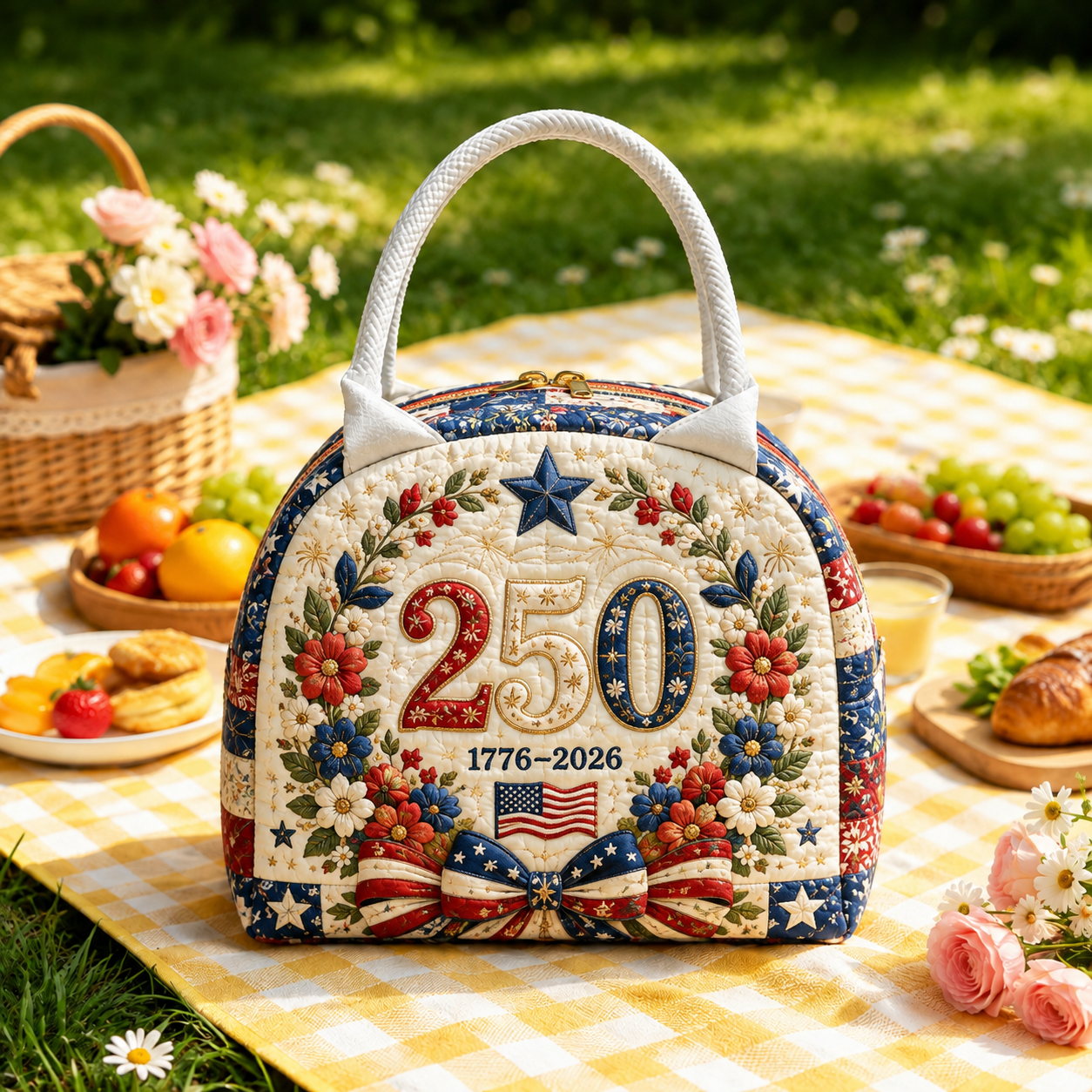 Patriotic Floral Wreath Quilted Lunch Bag