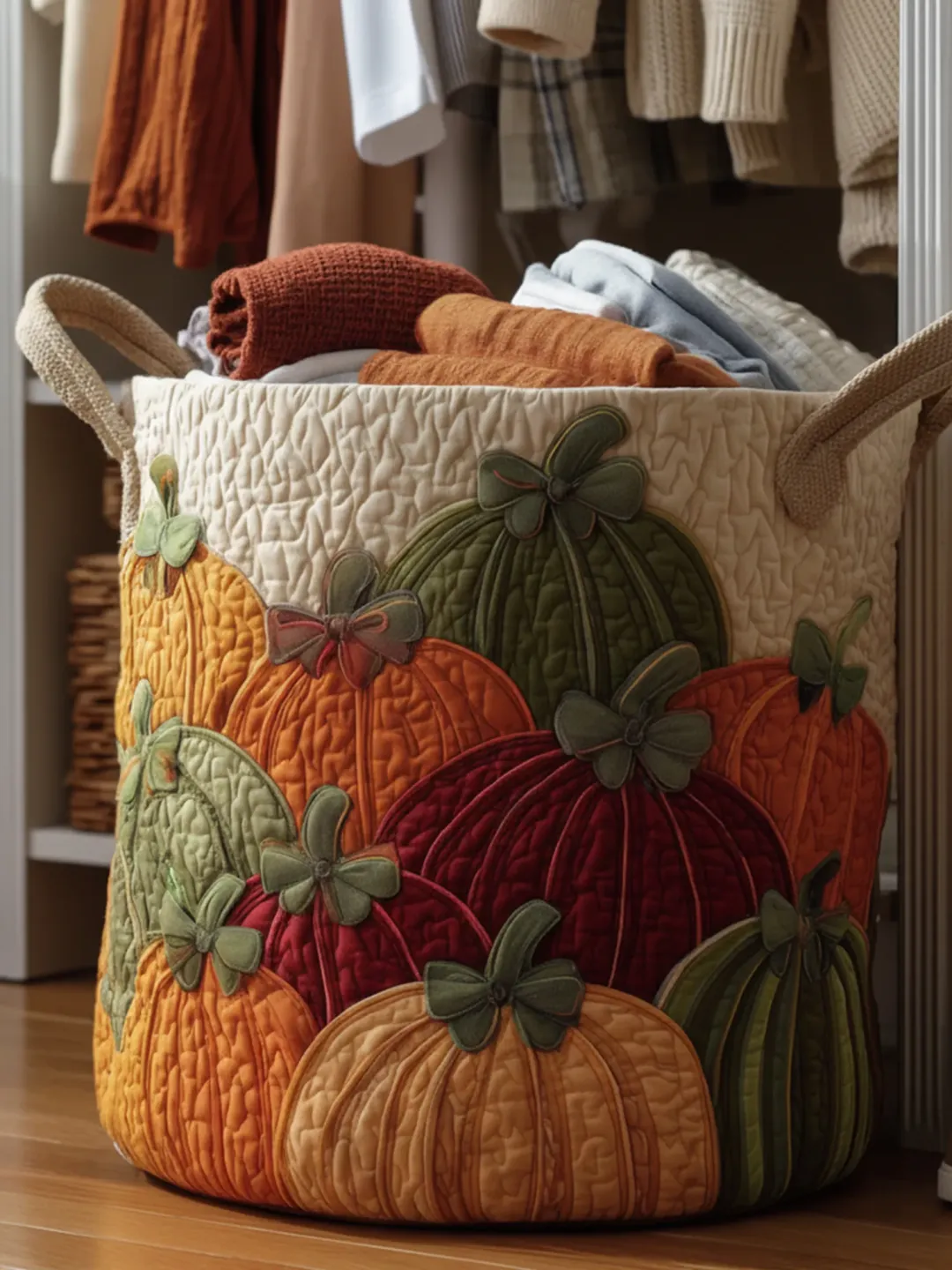 Fall Pumpkin Patch Quilted Storage Basket – Thanksgiving Laundry Hamper with Handles