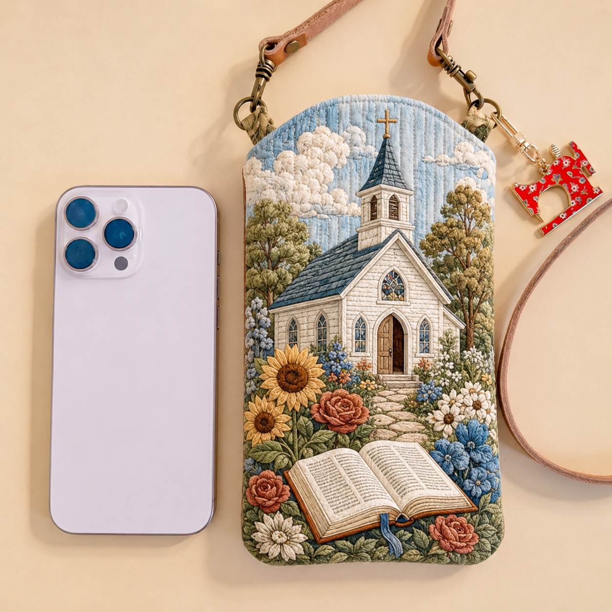Chapel & Open Bible Quilted Slim Phone Crossbody Bag