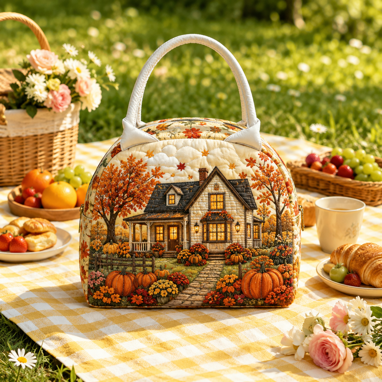 Autumn Cottage Pumpkin Quilted Lunch Bag