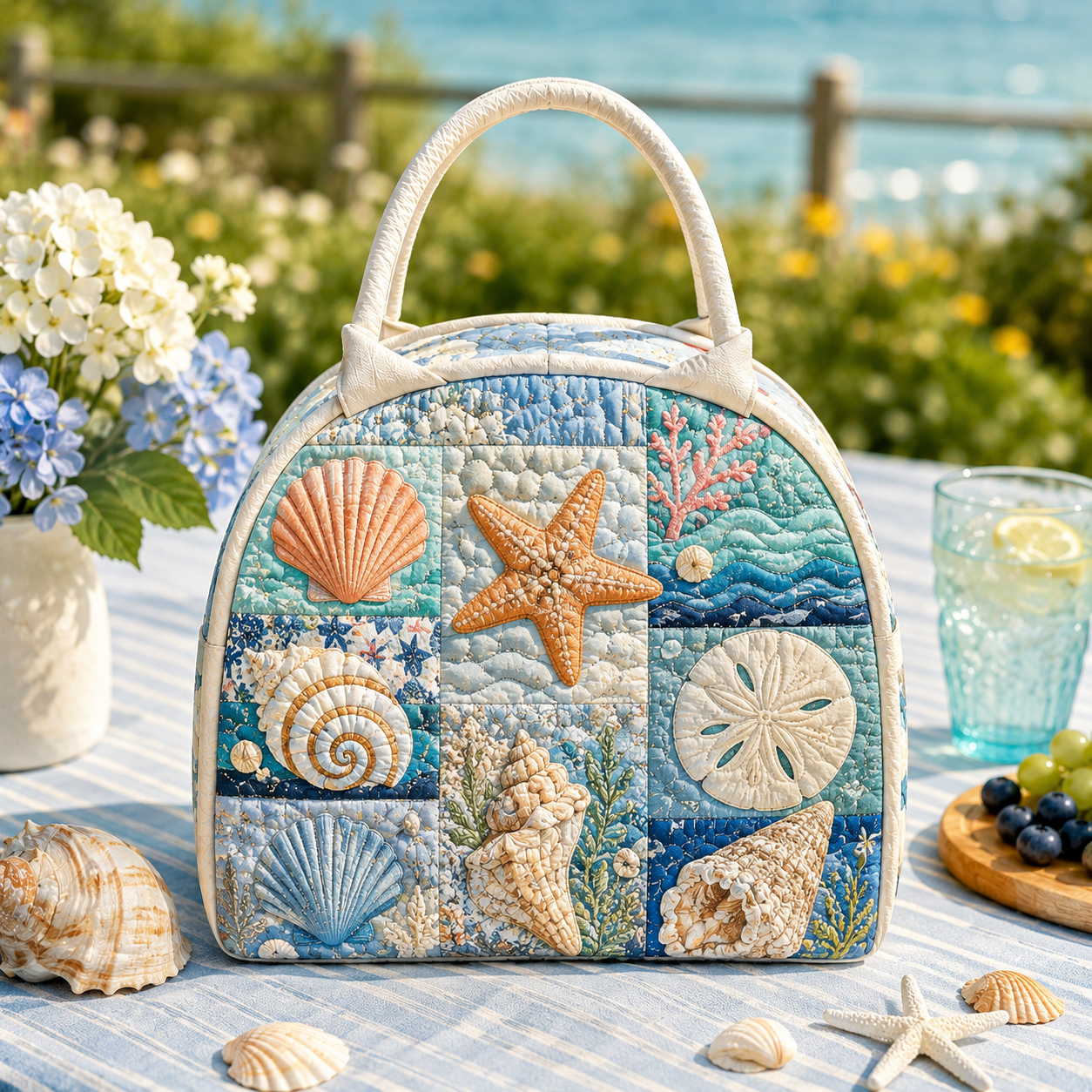 Seashell & Starfish Patchwork Quilted Lunch Bag