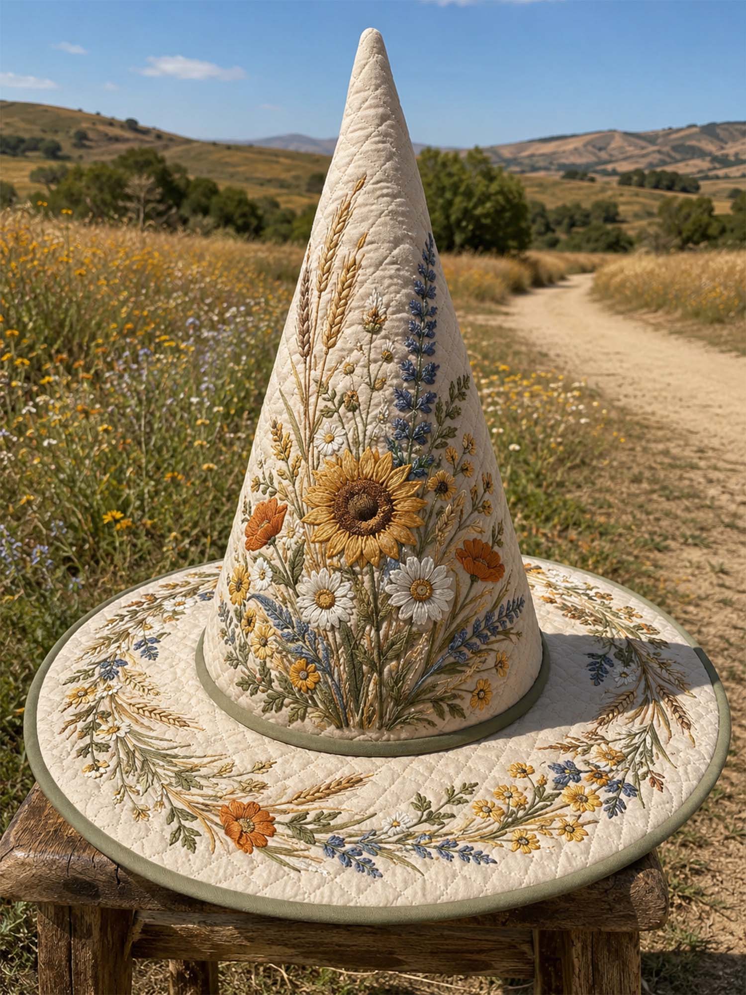Wildflower Sunflower Embroidered Quilted Witch Hat
