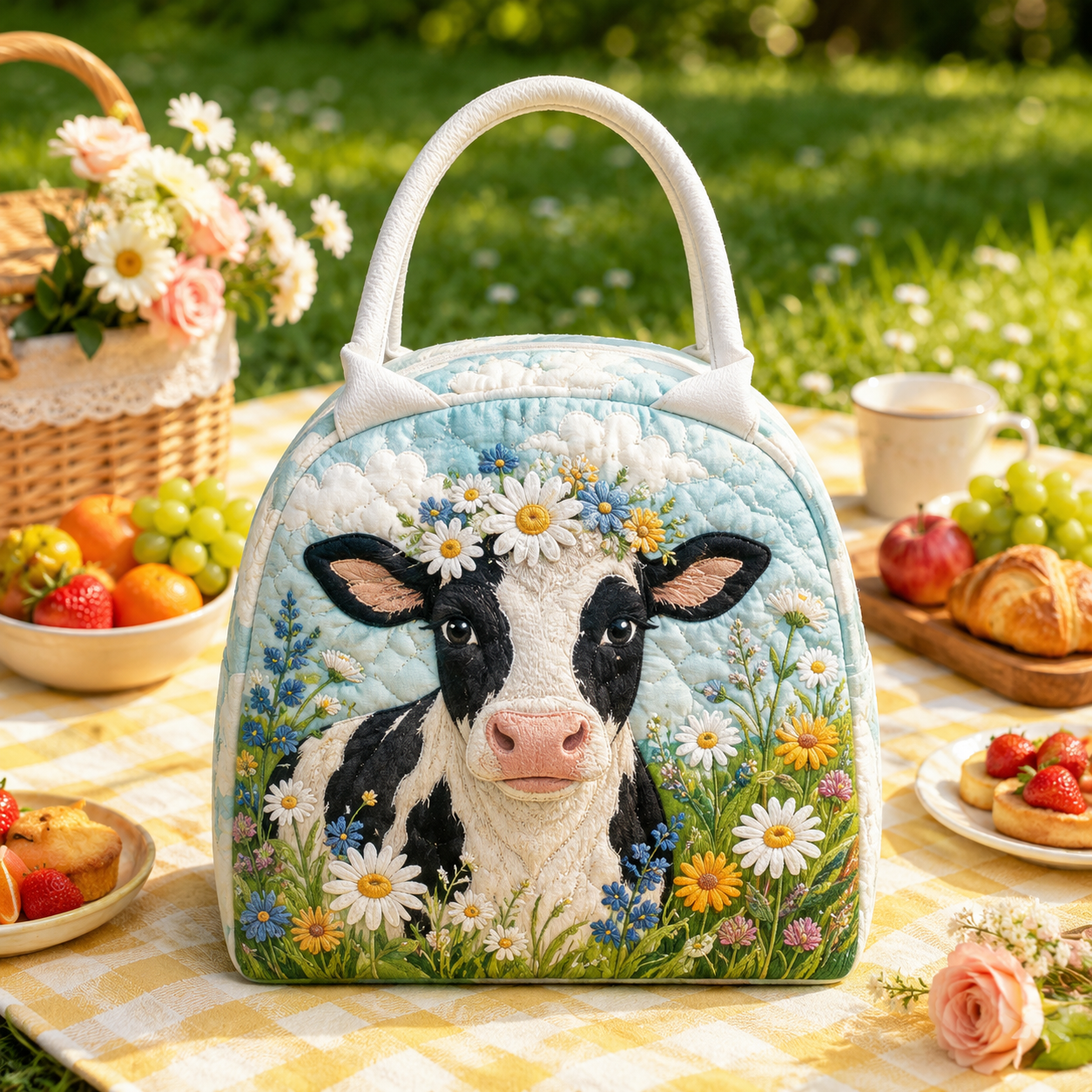 Daisy Cow Meadow Quilted Lunch Bag