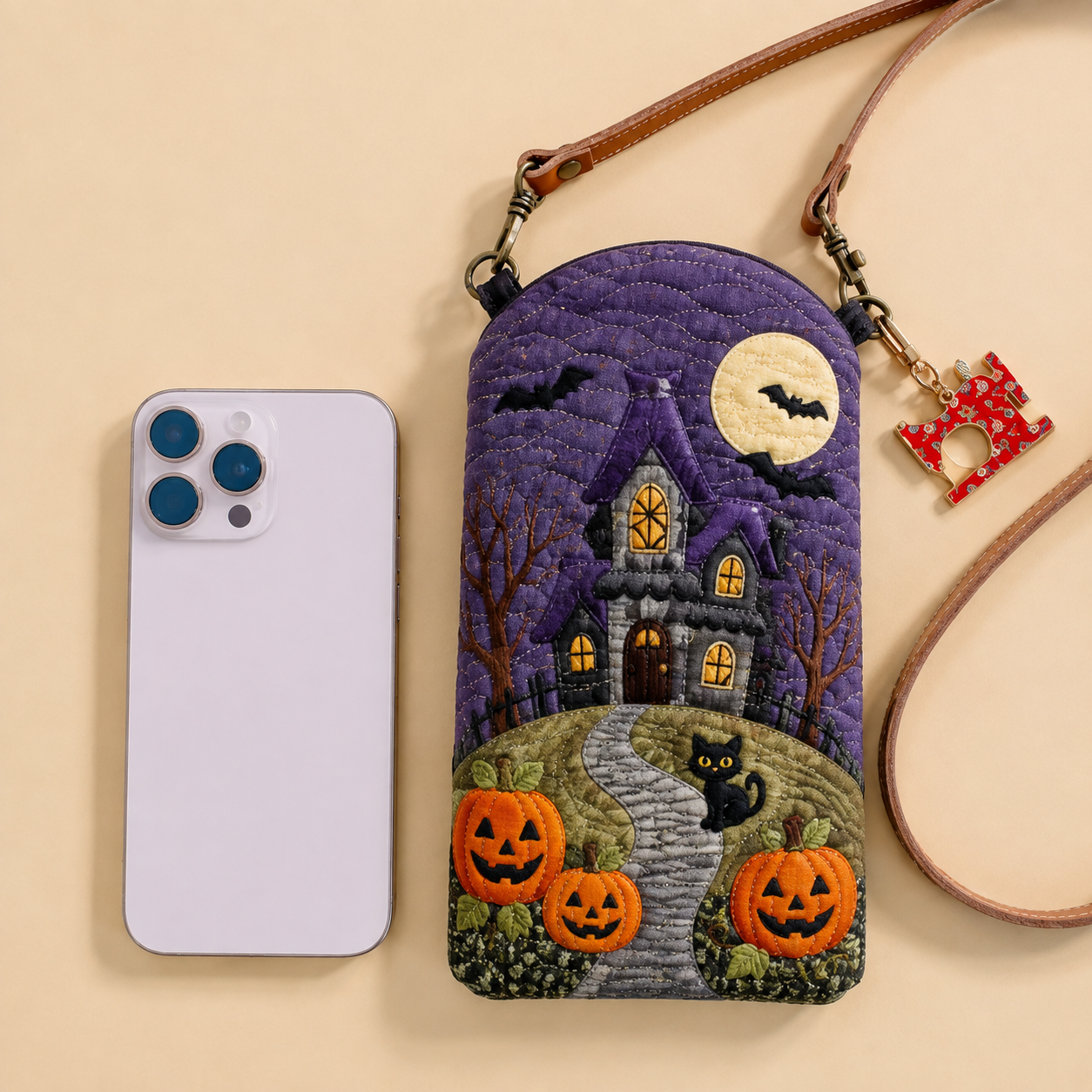 Haunted House Pumpkin Trail Quilted Slim Phone Crossbody Bag