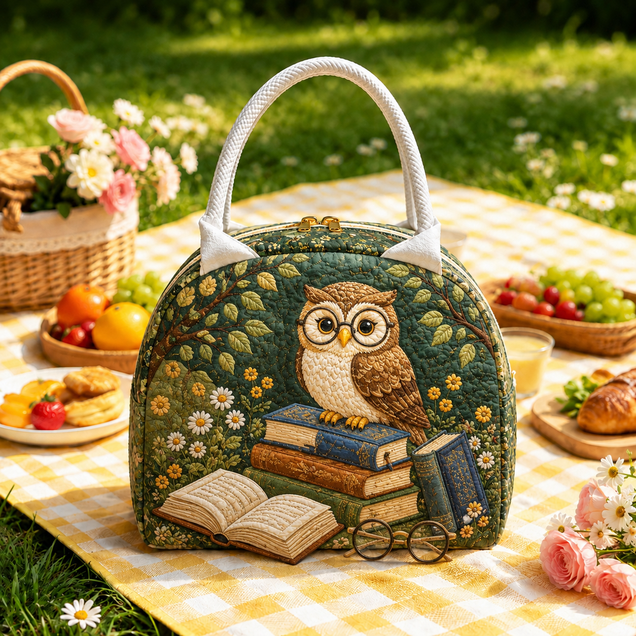 Wise Owl Book Stack Quilted Lunch Bag