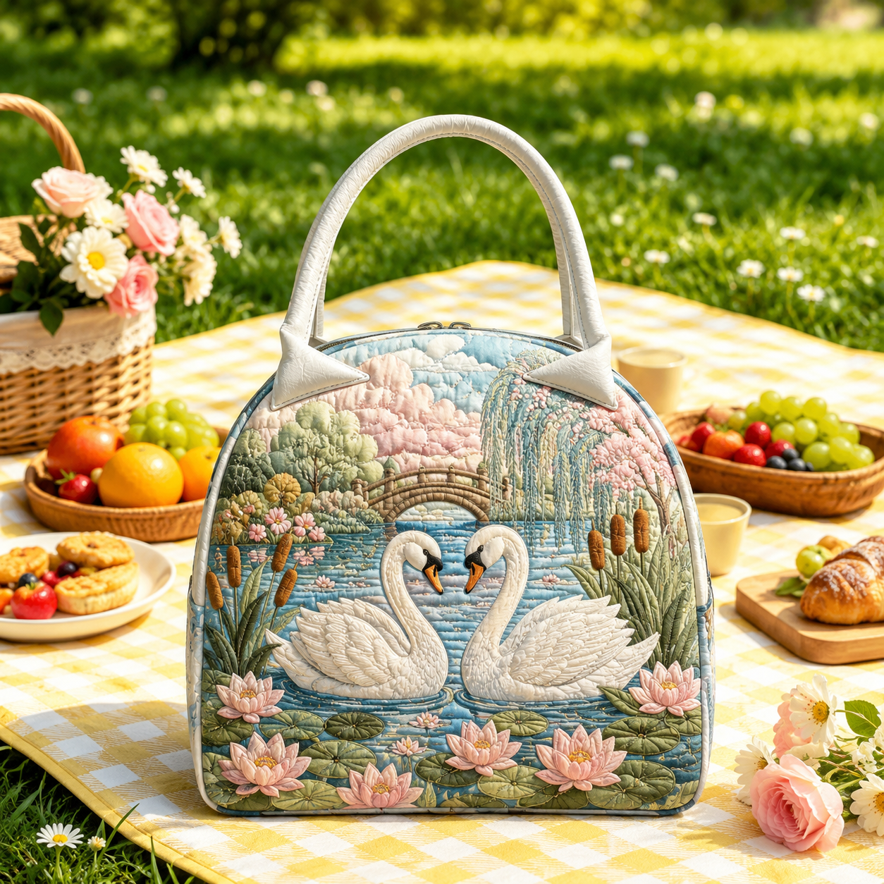 Swan Lotus Pond Quilted Lunch Bag