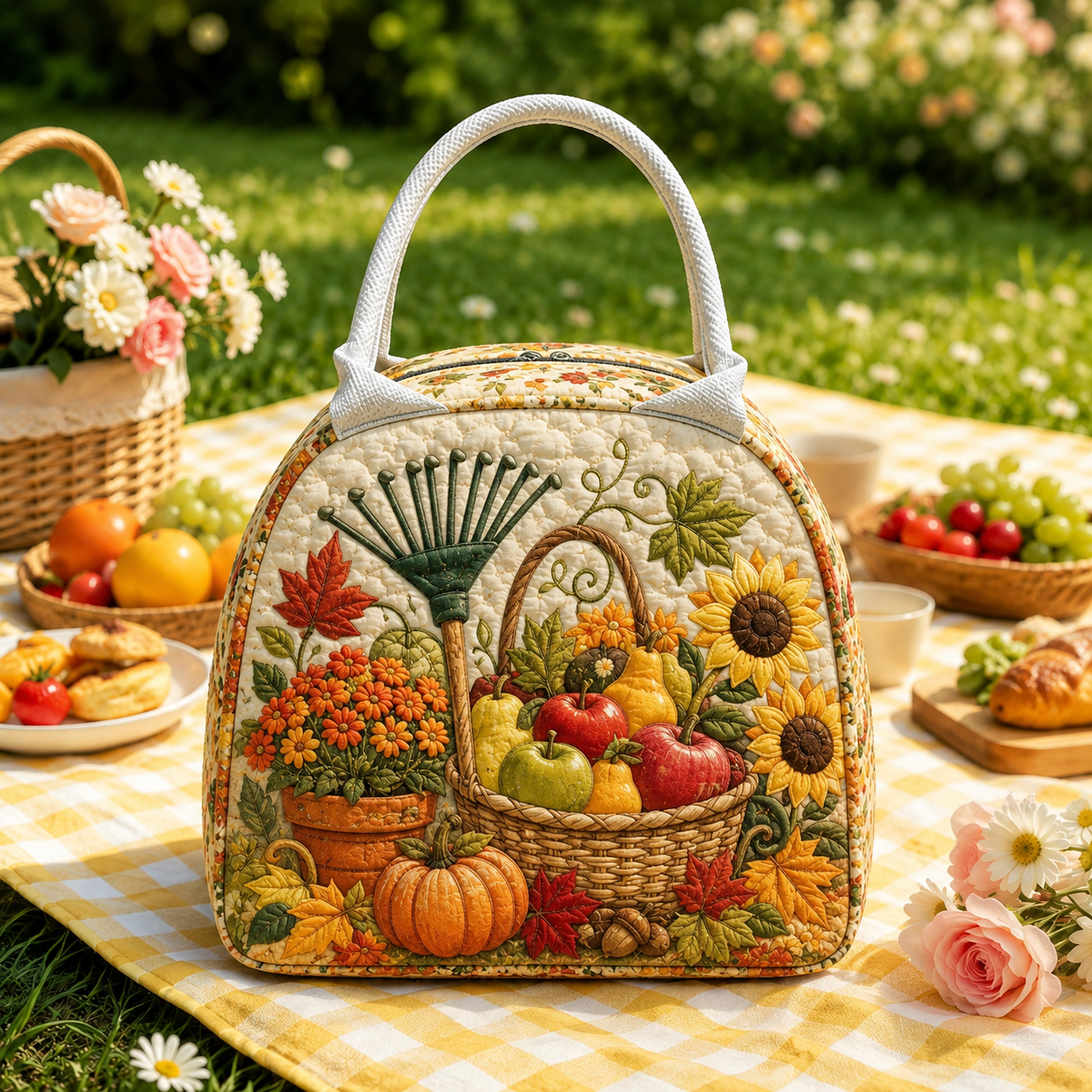 Harvest Basket & Sunflowers Quilted Lunch Bag