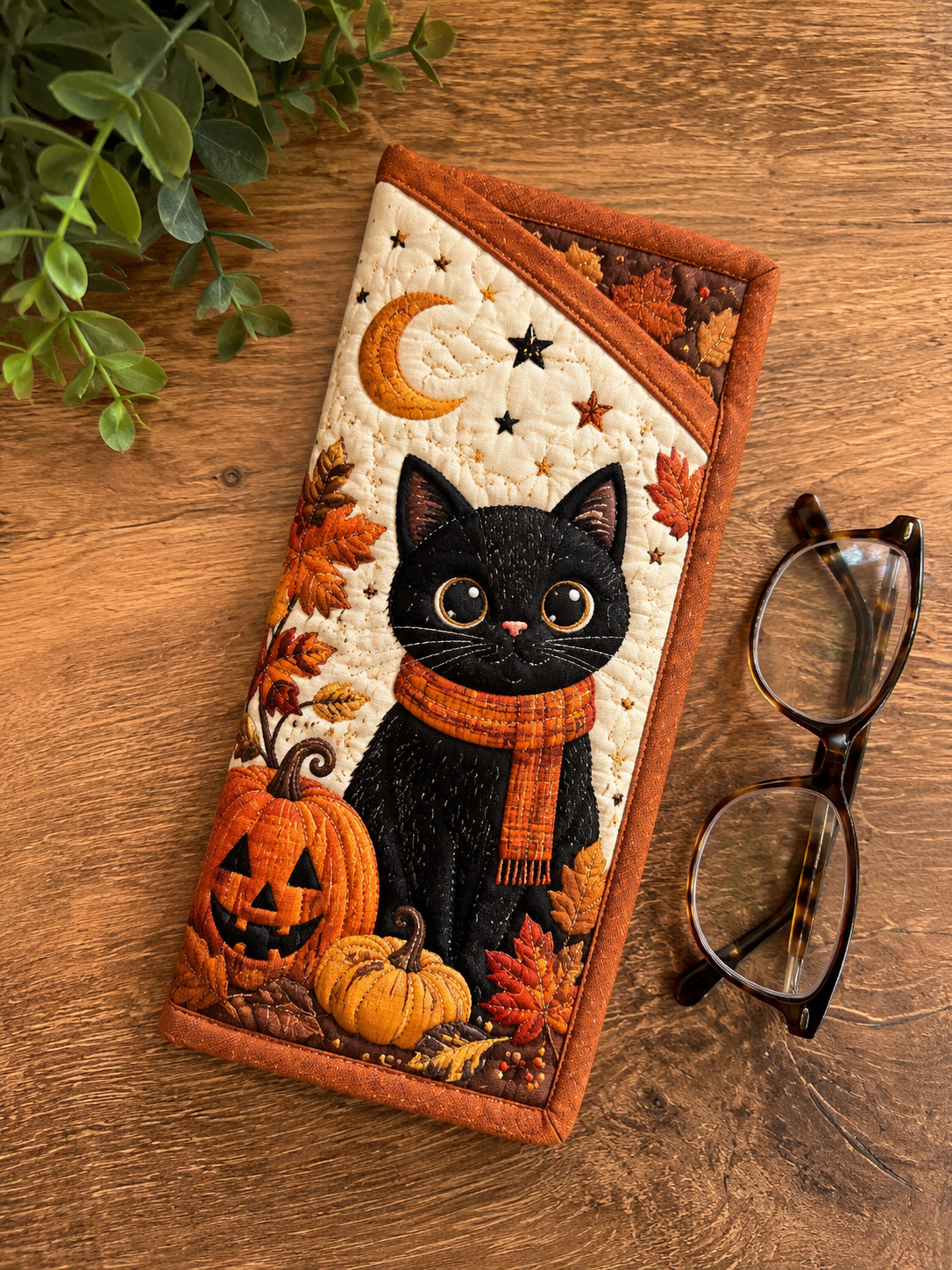 Black Cat Witch Hat Halloween Quilted Eyeglass Case