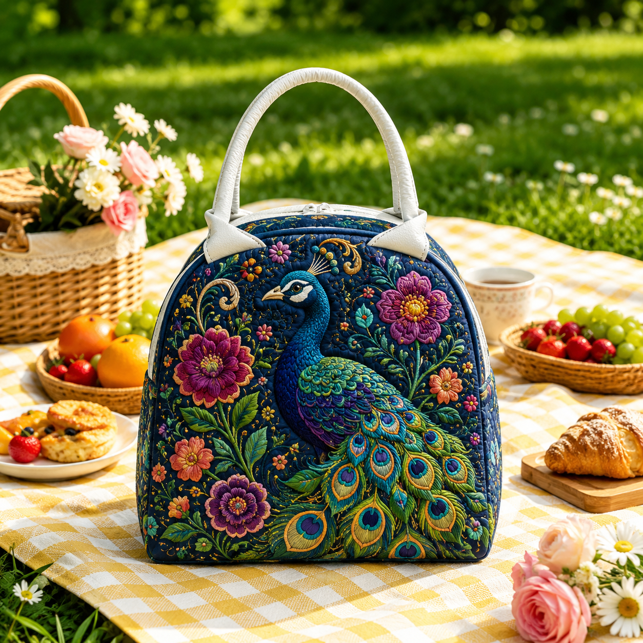 Peacock Floral Quilted Lunch Bag